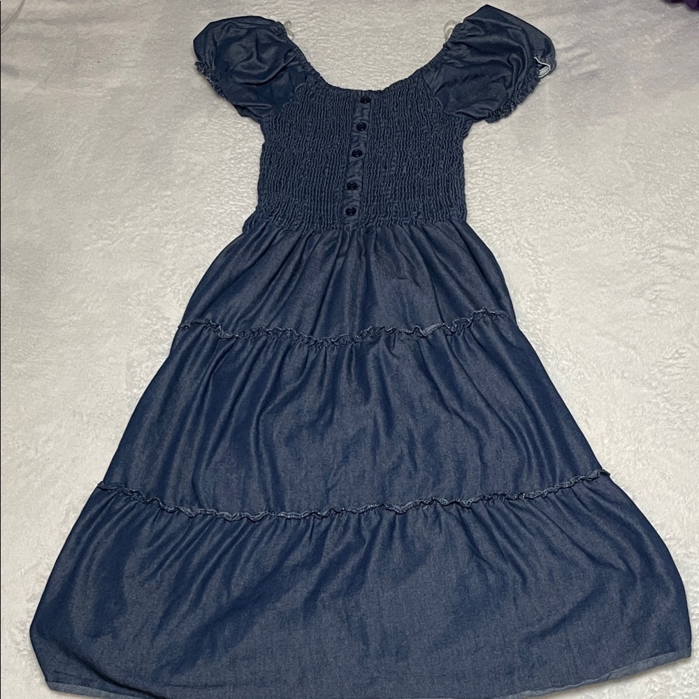 Navy Puff Sleeve Smocked Midi Dress